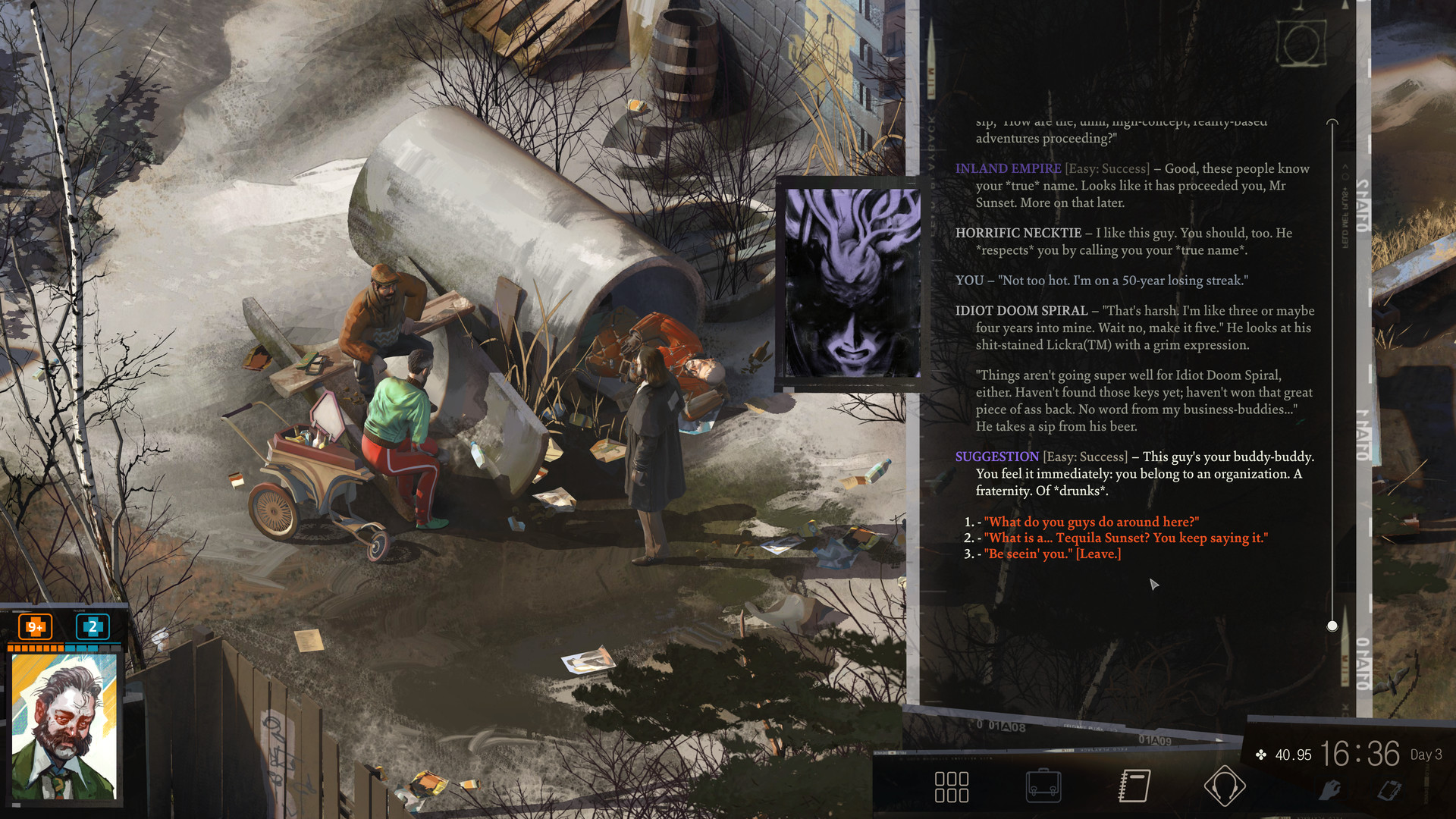 screenshot of Disco Elysium. Text is on the right side